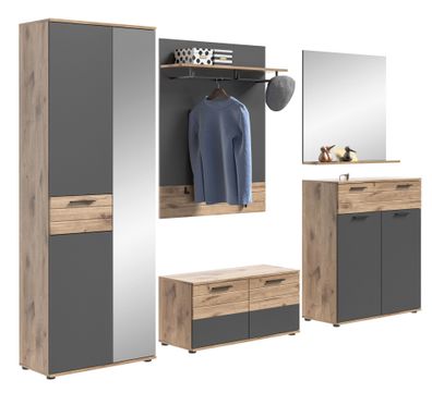 Garderobenkombination in Nox Oak Nachbildung und Basalt grau Nachbildung