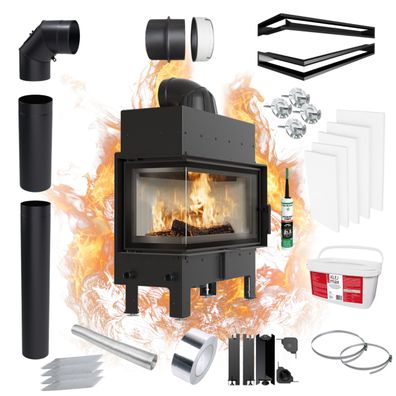Kamineinsatz Kamineinsatz KRATKI FLOKI L Links 12kW Komplettset zum EINBAU Ø 200
