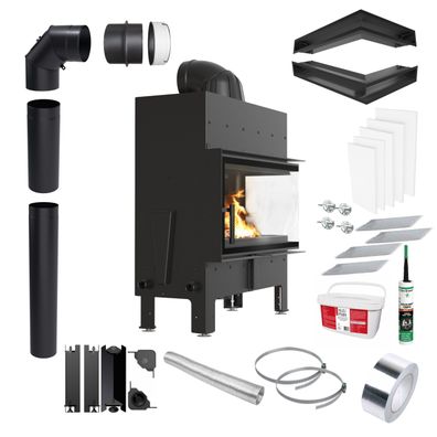 KRATKI FLOKI M Rechter Eck Kaminofen 10 kW Ø200 Schwarz Set für Montage