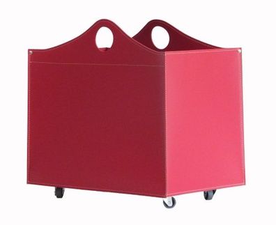 Designer Holzkorb Woodbag Rot aus regeneriertem Leder mit Rollen