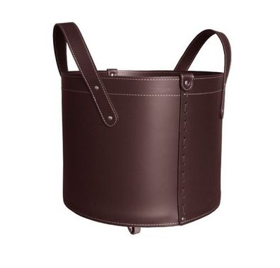 Designer Holzkorb Tonda Dunkel Braun aus regeneriertem Leder mit Rollen