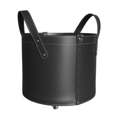 Designer Holzkorb Tonda Schwarz aus regeneriertem Leder mit Rollen