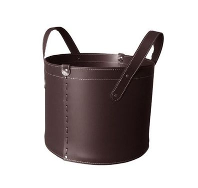 Designer Holzkorb Tonda Mini Dunkel-Braun aus regeneriertem Leder mit Rollen