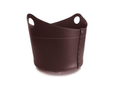 Designer Holzkorb Cadin Dunkel Braun aus regeneriertem Leder mit Rollen