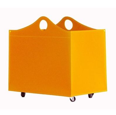 Woodbag Designer Holzkorb Okra Gelb aus regeneriertem Leder mit Rollen
