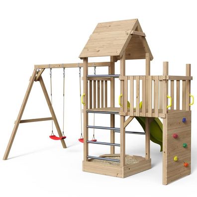 Spielturm Alex Premium Lärche 430 - Schaukel + Anbau + Kletterwand + Sandkasten