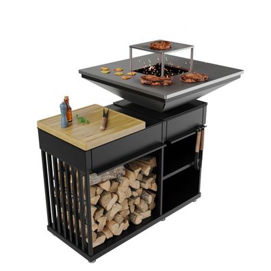 Kamin Quadrum mit Grill mit Holzplatte