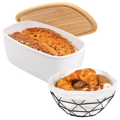 eluno 2tlg. Brotaufbewahrungs-Set - Brotkasten und Brotkorb (weiß)