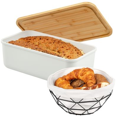 eluno 2tlg. Brotaufbewahrungs-Set - Brotkasten und Brotkorb (weiß)
