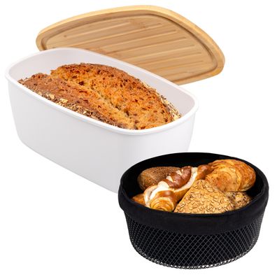 eluno 2tlg. Brotaufbewahrungs-Set - Brotkasten und Brotkorb (weiß)