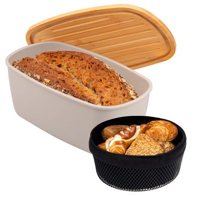 eluno 2tlg. Brotaufbewahrungs-Set - Brotkasten und Brotkorb (hellgrau)