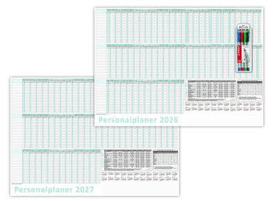 Urlaubsplaner/Personalplaner DIN B1 2026 + 2027 nass abwischbar + Stifteset