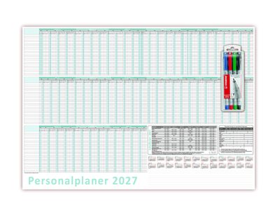 Urlaubsplaner/Personalplaner DIN B1 2027 nass abwischbar inkl. Stifteset