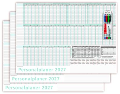 3 Stück Urlaubsplaner/Personalplaner 2027 DIN B2 nass abwischbar inkl. Stifteset
