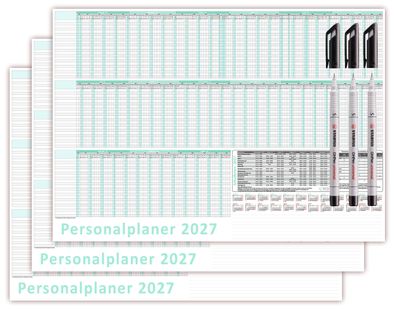 3 Stück Urlaubsplaner/Personalplaner DIN B1 2027 nass abwischbar + Folienstifte