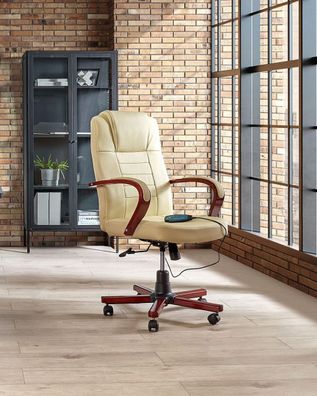 Leder Chefsessel beige Massagesessel Bürostuhl mit Holz Massage Heizung Bürosessel
