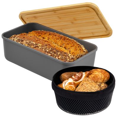 eluno 2tlg. Brotaufbewahrungs-Set - Brotkasten und Brotkorb (grau)