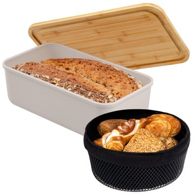 eluno 2tlg. Brotaufbewahrungs-Set - Brotkasten und Brotkorb (hellgrau)