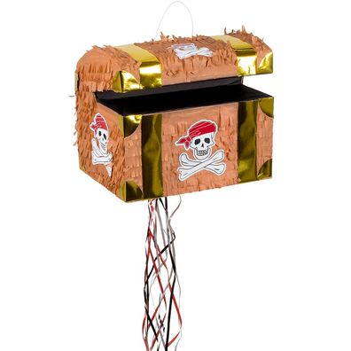 Zieh-Pinata Schatztruhe 30×26×23 cm Schlag-Pinata in Braun-Gold für Kindergeburtstag
