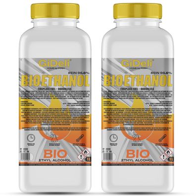 GiDeli bioethanol 2 l Ethanol 96,6% Bio Alkohol geruchlos sauber brennend