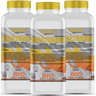 GiDeli bioethanol 3 l Ethanol 96,6% Bio Alkohol geruchlos sauber brennend