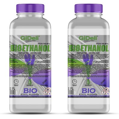 GiDeli bioethanol 2 x 1l lavendelduft 96,6% Ethanol für Innen & Außenkamine