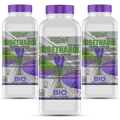 GiDeli bioethanol 3 x 1l lavendelduft 96,6% Ethanol für Innen & Außenkamine
