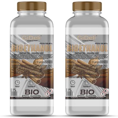 GiDeli bioethanol 2 x 1 l mit Zimtduft 96,6% Ethanol für Innen & Außenkamine
