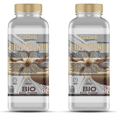 GiDeli bioethanol 2 x 1l Vanilleduft 96,6% Ethanol für Innen & Außenkamine