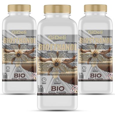 GiDeli bioethanol 3 x 1l Vanilleduft 96,6% Ethanol für Innen & Außenkamine