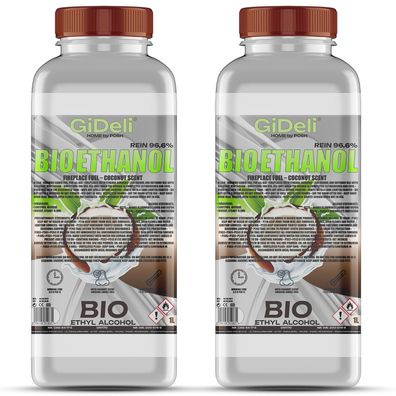 GiDeli bioethanol 2 x 1l Kokosduft 96,6% Ethanol für Innen & Außenkamine