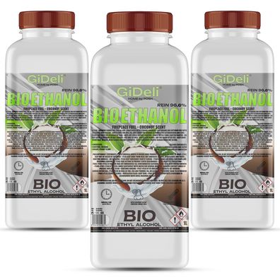 GiDeli bioethanol 3 x 1l Kokosduft 96,6% Ethanol für Innen & Außenkamine