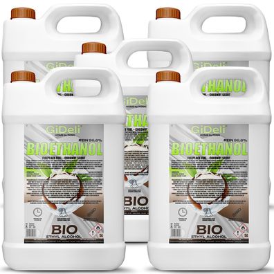 GiDeli bioethanol 5 x 5l Kokosduft 96,6% Ethanol für Innen & Außenkamine