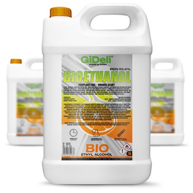 GiDeli bioethanol 3 x 5 l mit Orangenduft 96,6% Ethanol für Innen & Außenkamine