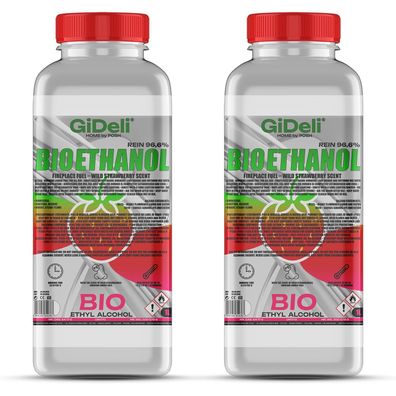 GiDeli bioethanol 2 x 1l Walderdbeerduft 96,6% Ethanol für Innen & Außenkamine