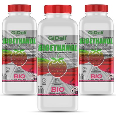 GiDeli bioethanol 3 x 1l Walderdbeerduft 96,6% Ethanol für Innen & Außenkamine