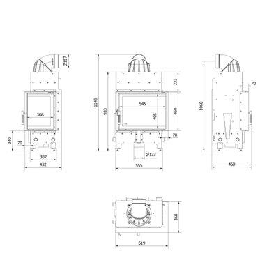 Kamineinsatz aus Stahl KRATKI FLOKI S rechts 8 kW Ø 160 schwarz Verkleidung mit Türf