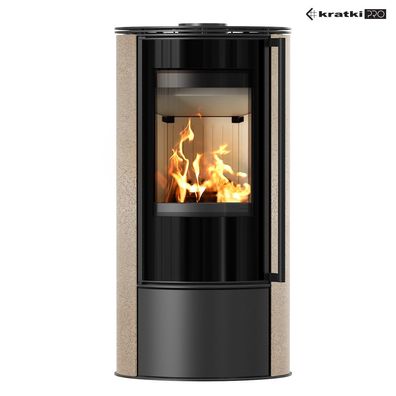 Kaminofen aus Stahl KRATKI ERIK Ø 150 5,5 kW dekorative Keramiken GOLD SATIN mit Tür