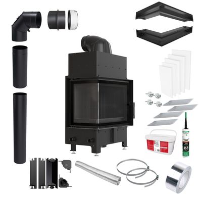 Kamineinsatz KRATKI FLOKI S Links 8 kW Ø160 Schwarz Eckset für Einbau