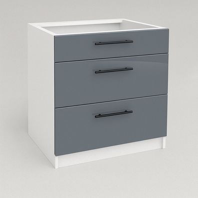 Schubladenunterschrank 60 cm Grau Hochglanz Küche Vollauszug Soft-Close SIENA, LINDA