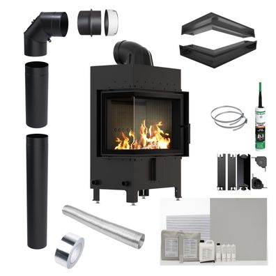 KRATKI LUCY Links Kamineinsatz 12 kW Ø 200 Schwarz Einbauset