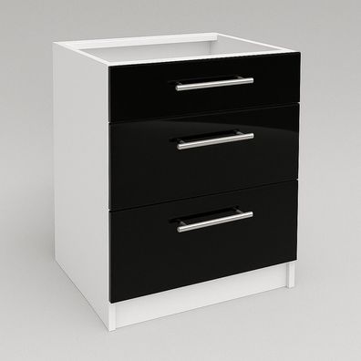 Schubladenunterschrank 60 cm Schwarz Hochglanz Vollauszug Soft-Close SIENA, LINDA
