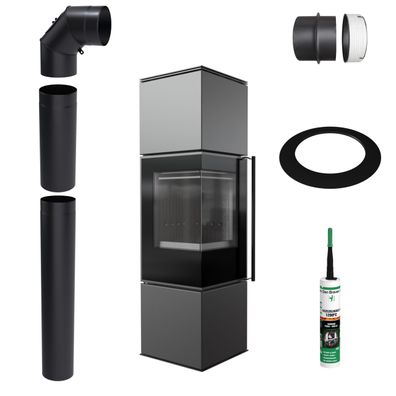 Freistehender Ofen KRATKI REN M Links 7 kW Ø150 Schwarz Montage-Set