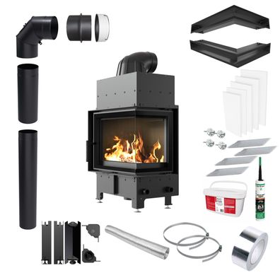 Kamin KRATKI FLOKI S Rechts 8kW Ø160 Schwarz Eckig Set mit Schließung