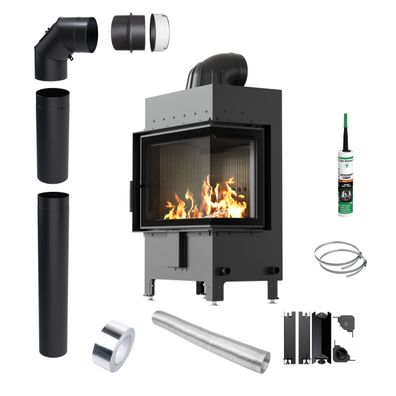 Kamin KRATKI LUCY Rechts 12kW Ø200 Schwarz Einbauset mit Schließung