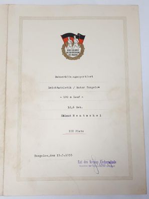 DDR Urkunde Bahneröffnungssportfest Leichtathletik 100 m Lauf Motor Torgelow 1955