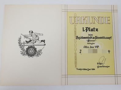 DDR Urkunde VoPo Bezirksausscheid im Fernwettkampf Juni 1984