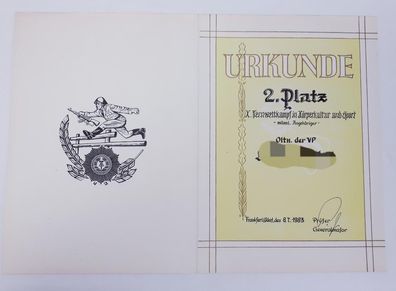 DDR Urkunde VoPo X. Fernwettkampf in Körperkultur und Sport Juli 1983