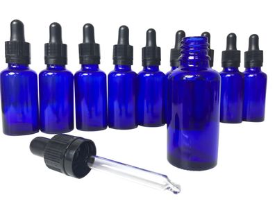 10 x Blauglas Flasche je 30 ml mit DIN18 Gewinde, Pipette & Deckel