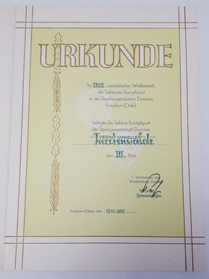 DDR Urkunde SG Dynamo Fürstenwalde XXXIII. soz. Wettbewerb Sektion Kampfsport